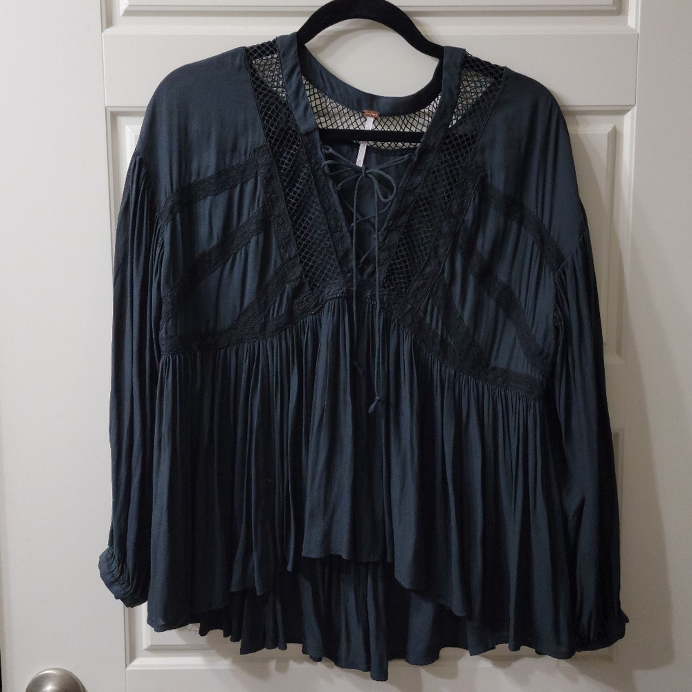 Free People Lace Up High Lo Peasant Blouse